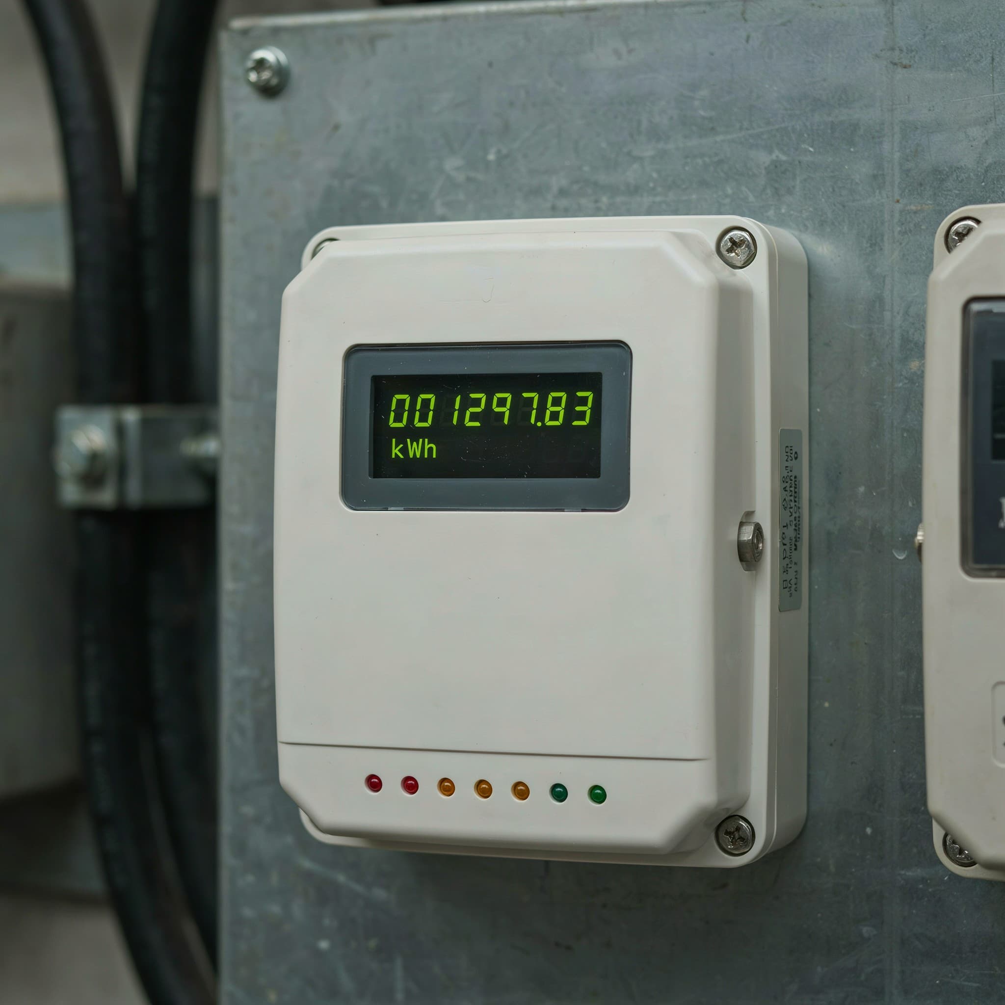 An industrial kWh meter on a steel panel, its display reading 001297.83 kWh.